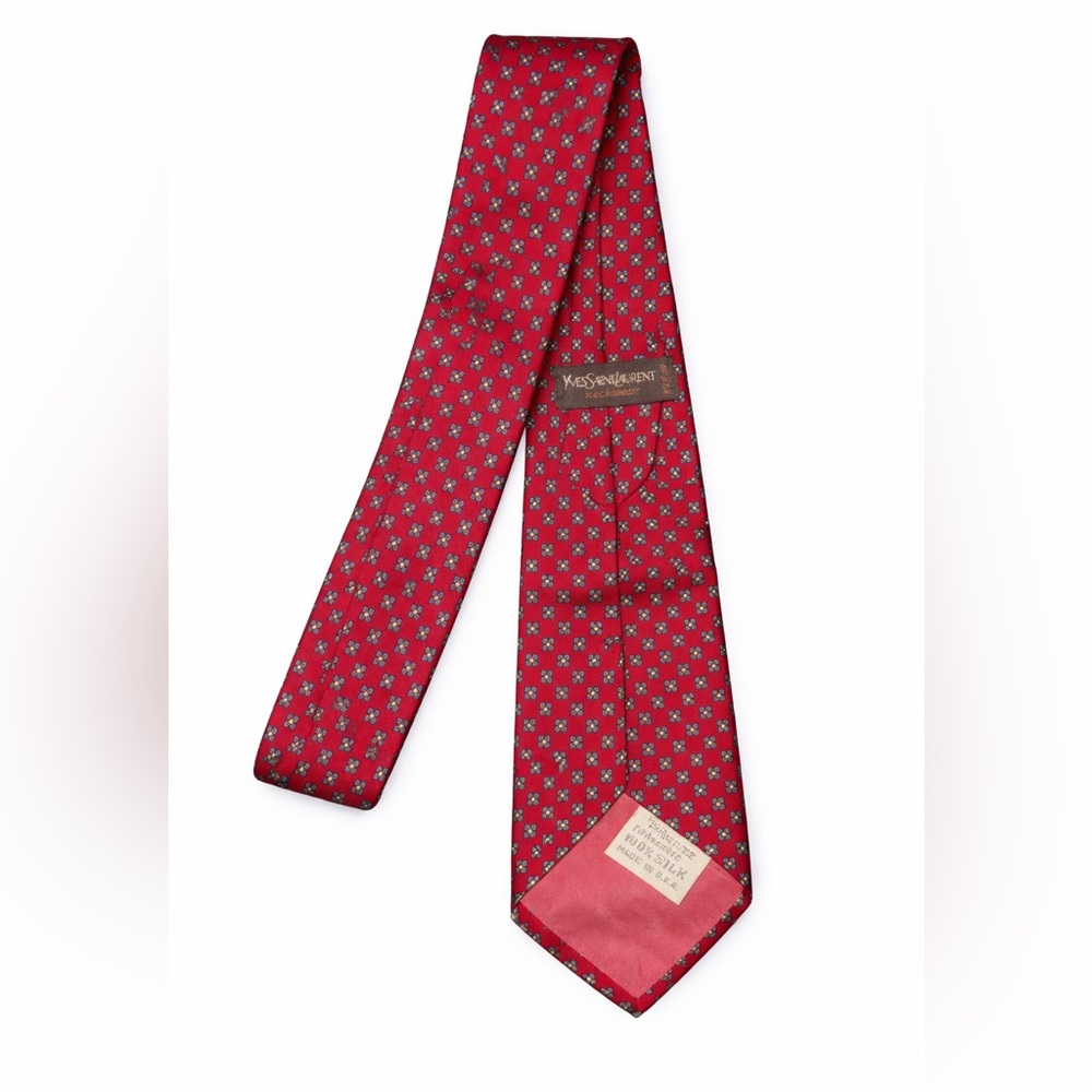 YSL‎ Vintage Silk Tie Red Micro Floral Old Money Dadcore Power Tie Luxe